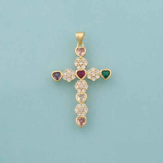 Gold CZ Cross Charms,Heart Jewelry,Christian Pendant for DIY Jewelry Making,18K Gold