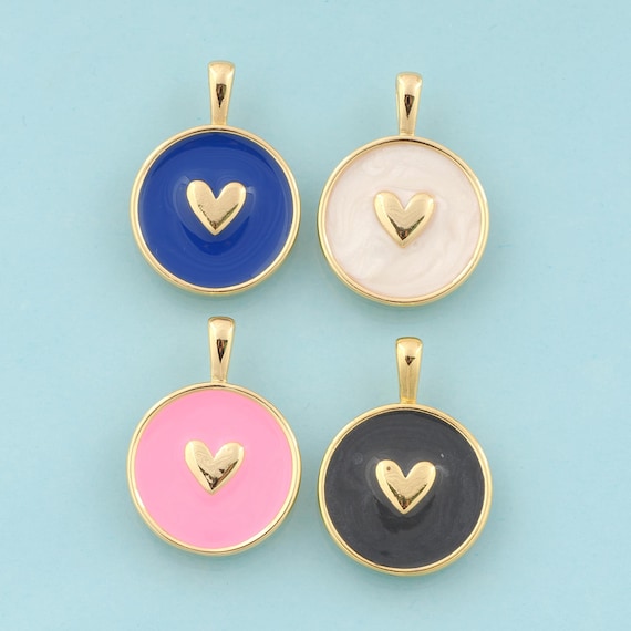 Gold Enamel Heart Charms,Round Jewelry,Round Pendant for DIY Jewelry Making,18K Gold