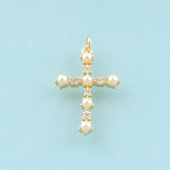 Gold CZ Cross Charms,Pearl Jewelry,Christian Pendant for DIY Jewelry Making,18K Gold