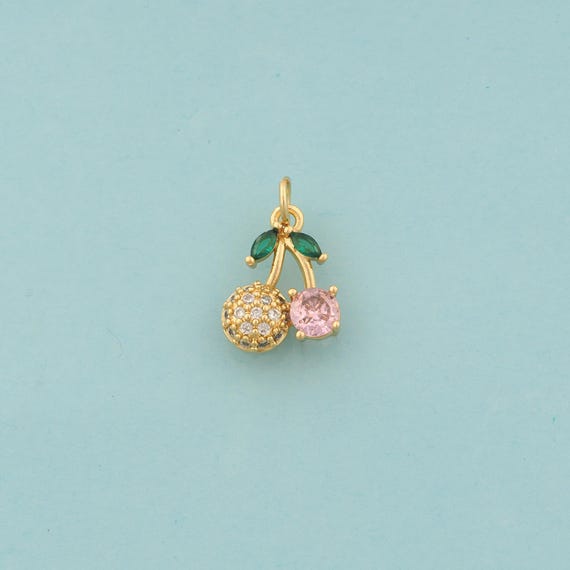 Gold CZ Cherry Charms,Fruit Jewelry,Cherry Pendant for DIY Jewelry Making,18K Gold