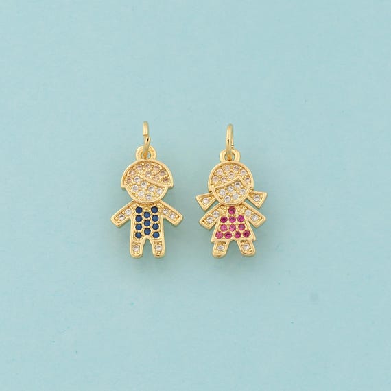 Gold CZ Character Charms,Boy Jewelry,Girl Pendant for DIY Jewelry Making,18K Gold