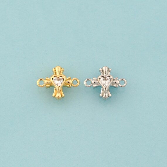 Gold CZ Cross Connector,Heart Jewelry Connector,Christian Connector for DIY Jewelry Making,18K Gold
