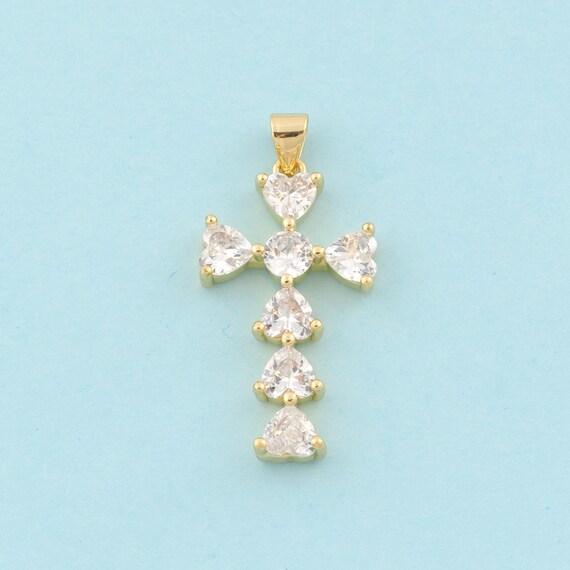 Gold CZ Cross Charms,Heart Jewelry,Christian Pendant for DIY Jewelry Making,18K Gold