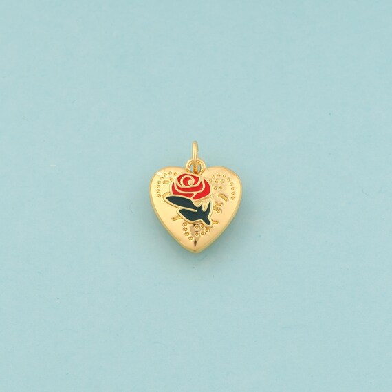 Gold Heart Charms,Love Jewelry,Enamel Red Rose Pendant for DIY Jewelry Making,18K Gold