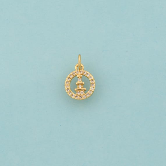Gold CZ Mini Eiffel Tower Charms,Round Jewelry,Tower Pendant for DIY Jewelry Making,18K Gold