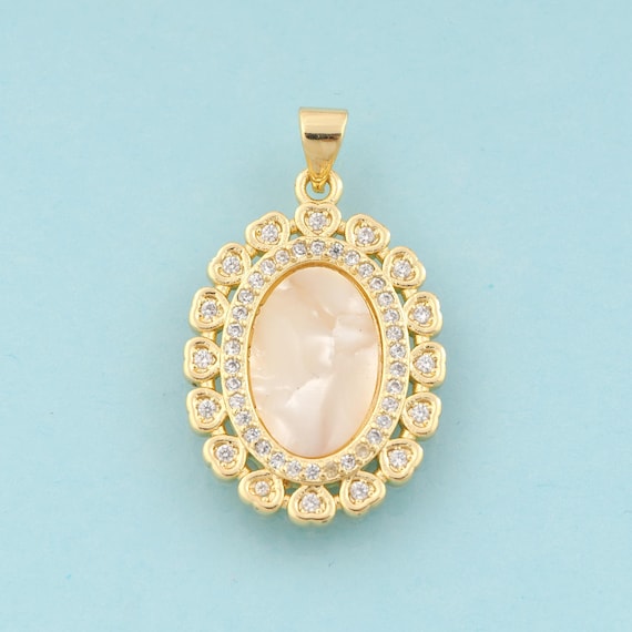Gold CZ Oval Charms,Heart Jewelry,Fritillary Oval Pendant for DIY Jewelry Making,18K Gold