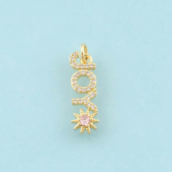 Gold CZ JOY Charms,Flower Jewelry,Letter Pendant for DIY Jewelry Making,18K Gold
