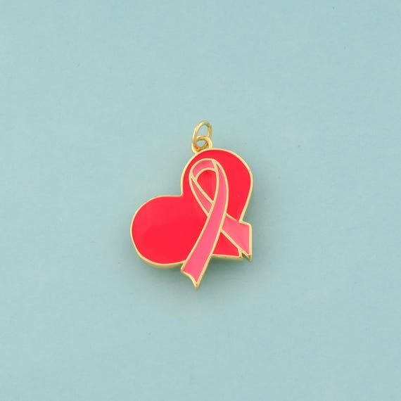 Gold Enamel Breast Cancer Awareness Silk Ribbon Charms,Symbol Jewelry,Heart Pendant for DIY Jewelry Making,18K Gold