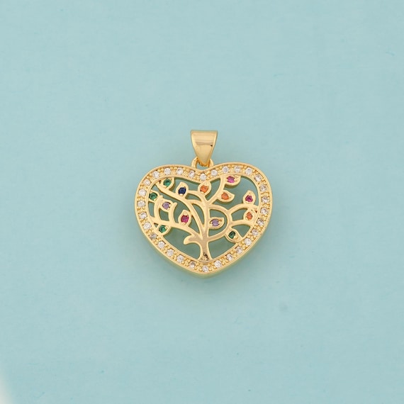 Gold CZ Heart Charms,Tree of Life Jewelry,Heart Pendant for DIY Jewelry Making,18K Gold