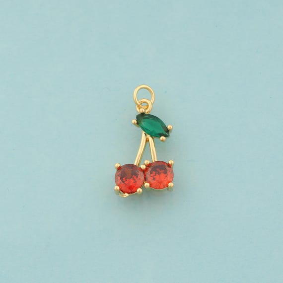 Gold CZ Cherry Charms,Fruit Jewelry,Cherry Pendant for DIY Jewelry Making,18K Gold