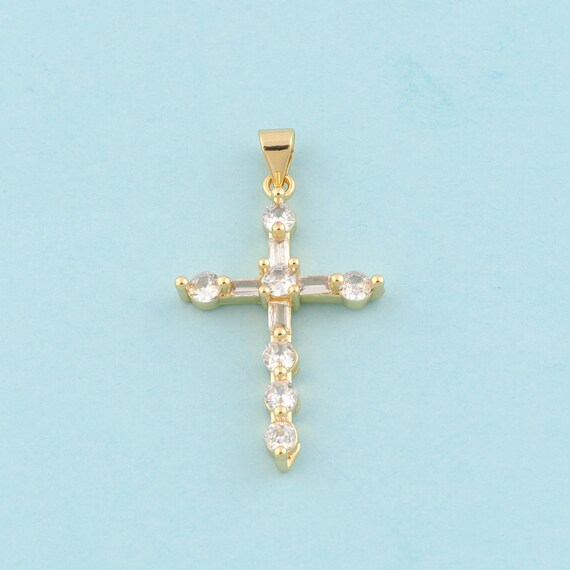 Gold CZ Cross Charms,Religion Jewelry,Christian Pendant for DIY Jewelry Making,18K Gold