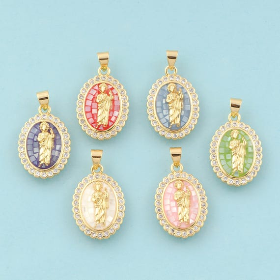 Gold CZ St.Juda Charms,Religious Jewelry,Saint Jude Pendant for DIY Jewelry Making,18K Gold