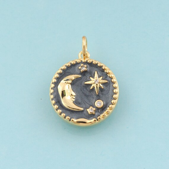 Gold CZ Moon Charms,Round Jewelry,Enamel Star Pendant for DIY Jewelry Making,18K Gold