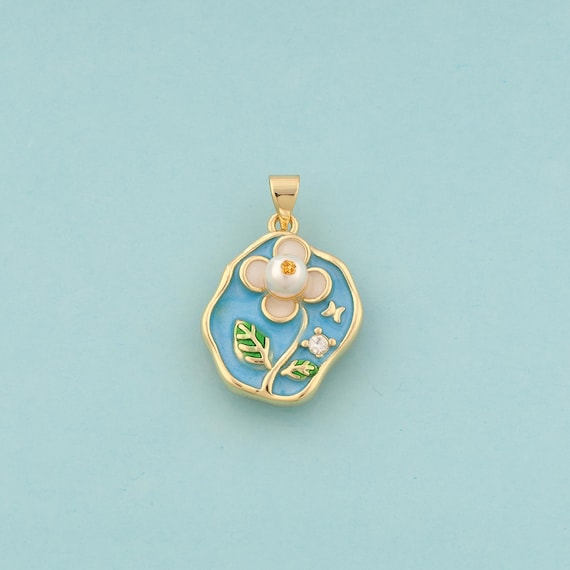 Gold CZ Flower Charms,Butterfly Jewelry,Enamel Insect Pendant for DIY Jewelry Making,18K Gold