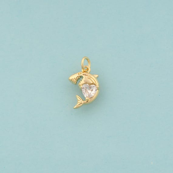 Gold CZ Shark Charms,Marine Life Jewelry,Heart Pendant for DIY Jewelry Making,18K Gold