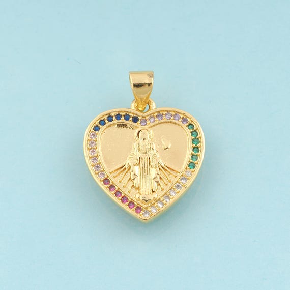 Gold CZ Virgin Mary Charms,Religious Jewelry,Heart Pendant for DIY Jewelry Making,18K Gold