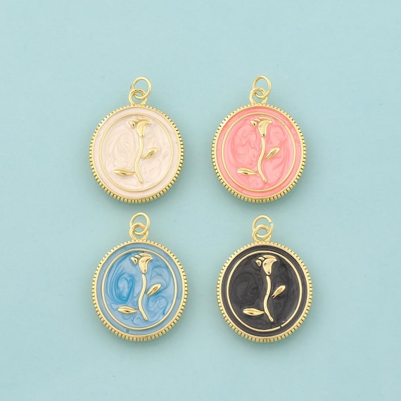 Gold Flower Charms,Round Jewelry,Enamel Flower Pendant for DIY Jewelry Making,18K Gold