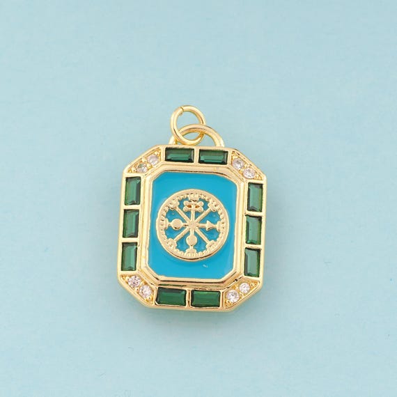 Gold CZ Square Charms,Lucky Jewelry,Enamel Square Pendant for DIY Jewelry Making,18K Gold