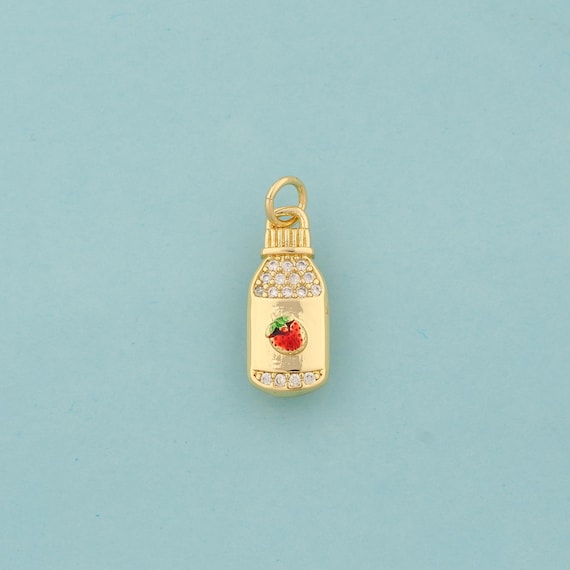 Gold Enamel Strawberry Charms,Beverage Jewelry,CZ Strawberry Pendant for DIY Jewelry Making,18K Gold
