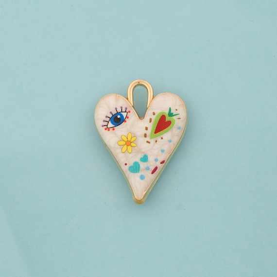 Gold Enamel Heart Charms,Evil Eye Jewelry,Flower Pendant for DIY Jewelry Making,18K Gold