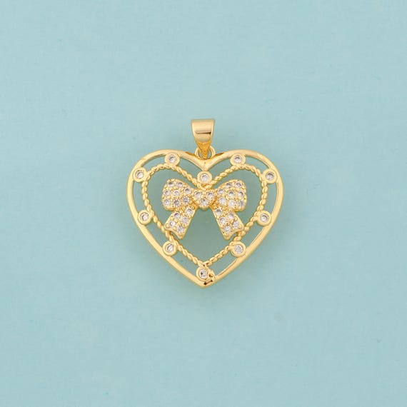 Gold CZ Heart Charms,Love Jewelry,Bow Pendant for DIY Jewelry Making,18K Gold