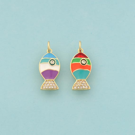 Gold CZ Fish Charms,Marine Life Jewelry,Enamel Fish Pendant for DIY Jewelry Making,18K Gold