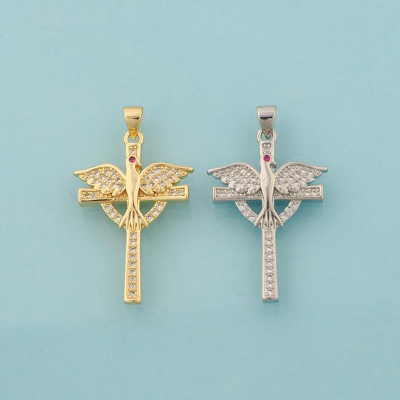 Gold CZ Cross Charms,Holy Spirit Dove Jewelry,Christian Pendant for DIY Jewelry Making,18K Gold