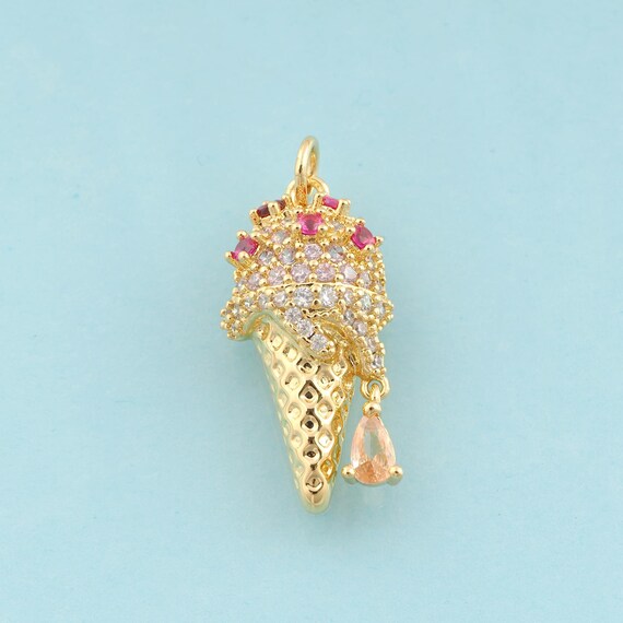 Gold CZ Ice Cream Charms,Water Drop Jewelry,Ice Cream Pendant for DIY Jewelry Making,18K Gold