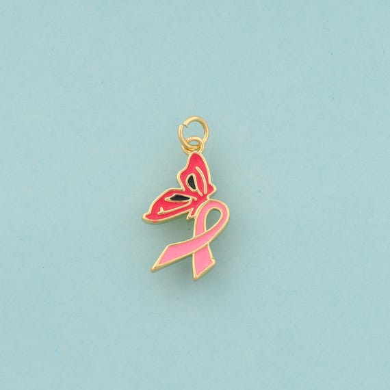 Gold Enamel Breast Cancer Awareness Silk Ribbon Charms,Symbol Jewelry,Butterfly Pendant for DIY Jewelry Making,18K Gold