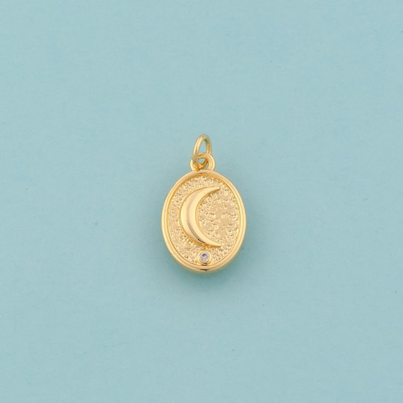 Gold CZ Crescent Moon Charms,Celestial Jewelry,Oval Pendant for DIY Jewelry Making,18K Gold