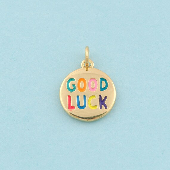 Gold Enamel GOOD LUCK Charms,Round Jewelry,Letter Pendant for DIY Jewelry Making,18K Gold