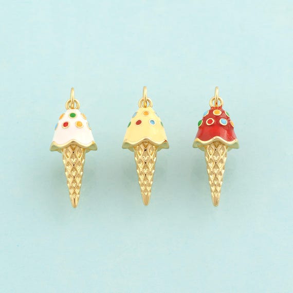 Gold Enamel Ice Cream Charms,Dessert Jewelry,Ice Cream Pendant for DIY Jewelry Making,18K Gold