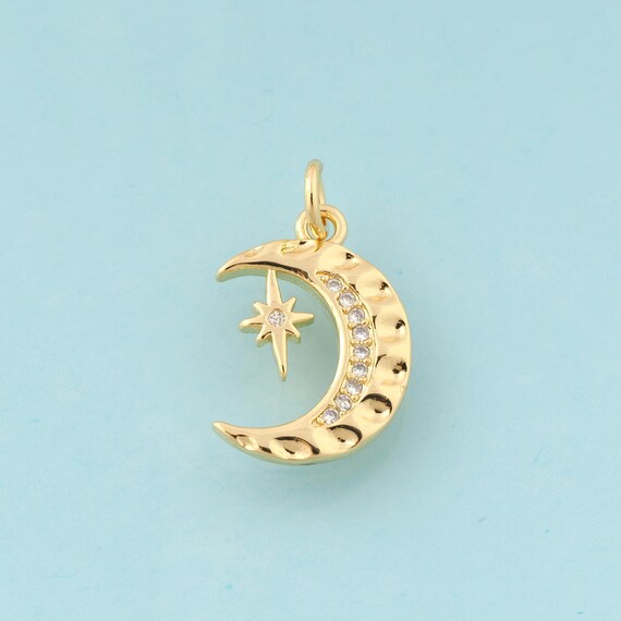 Gold CZ Crescent Moon Charms,Moon Jewelry,Star Pendant for DIY Jewelry Making,18K Gold