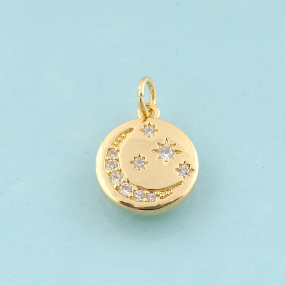 Gold CZ Moon Charms,Star Jewelry,Celestial Pendant for DIY Jewelry Making,18K Gold
