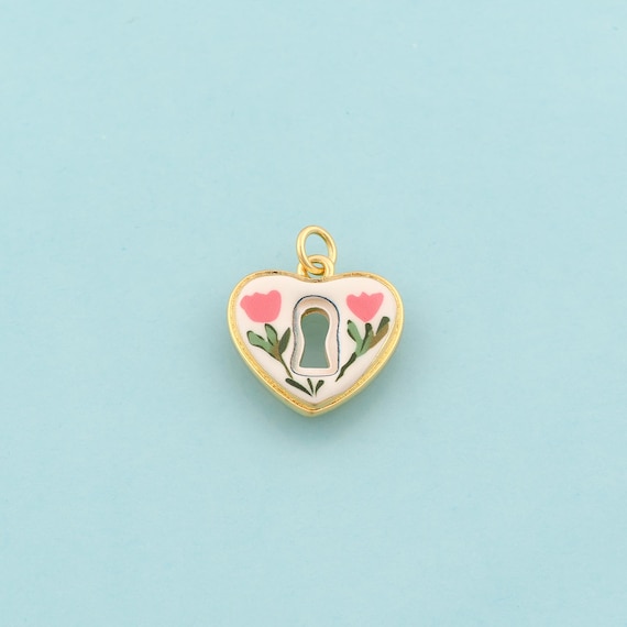 Gold Heart Charms,Lock Jewelry,Enamel Flower Pendant for DIY Jewelry Making,18K Gold