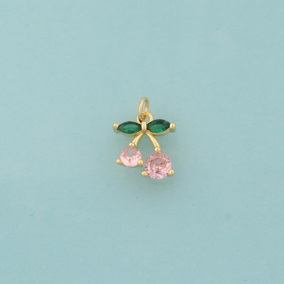 Gold CZ Cherry Charms,Fruit Jewelry,Cherry Pendant for DIY Jewelry Making,18K Gold