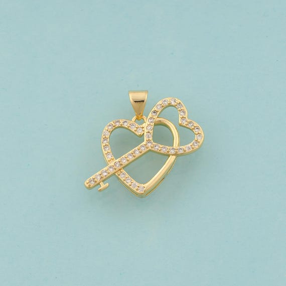Gold CZ Heart Charms,Key Jewelry,Heart Pendant for DIY Jewelry Making,18K Gold