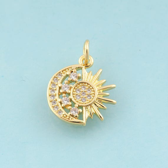 Gold CZ Moon Charms,Sun Jewelry,Celestial Pendant for DIY Jewelry Making,18K Gold