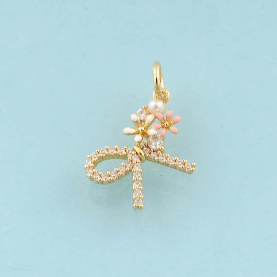Gold CZ Bow Charms,Flower Jewelry,Enamel Flower Pendant for DIY Jewelry Making,18K Gold