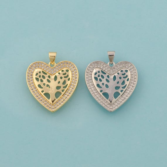 Gold CZ Heart Charms,Love Jewelry,Tree of Life Pendant for DIY Jewelry Making,18K Gold