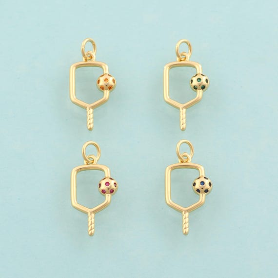 Gold CZ Pickle Ball Charms,Rackets Jewelry,Sports Pendant for DIY Jewelry Making,18K Gold