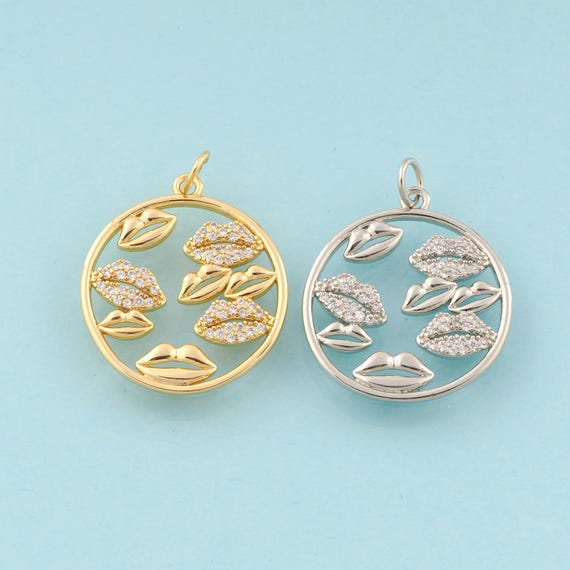 Gold CZ Lips Charms,Lips Jewelry,Round Pendant for DIY Jewelry Making,18K Gold & Rhodium