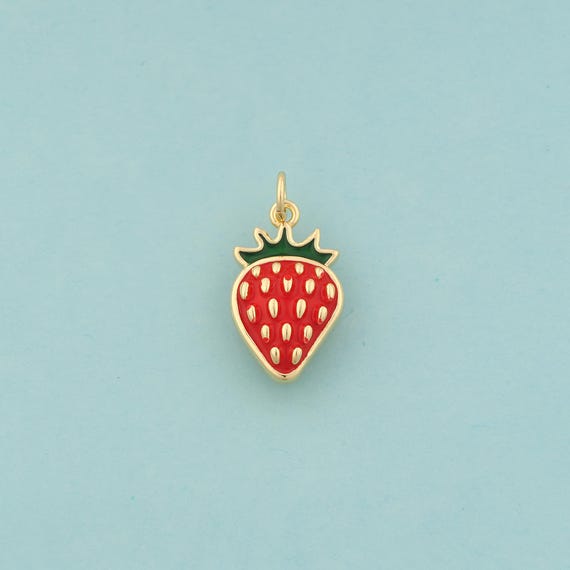 Gold Strawberry Charms,Fruit Jewelry,Enamel Strawberry Pendant for DIY Jewelry Making,18K Gold