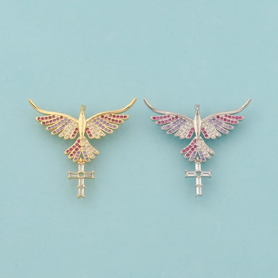 Gold CZ Cross Charms,Holy Spirit Dove Jewelry,Christian Pendant for DIY Jewelry Making,18K Gold