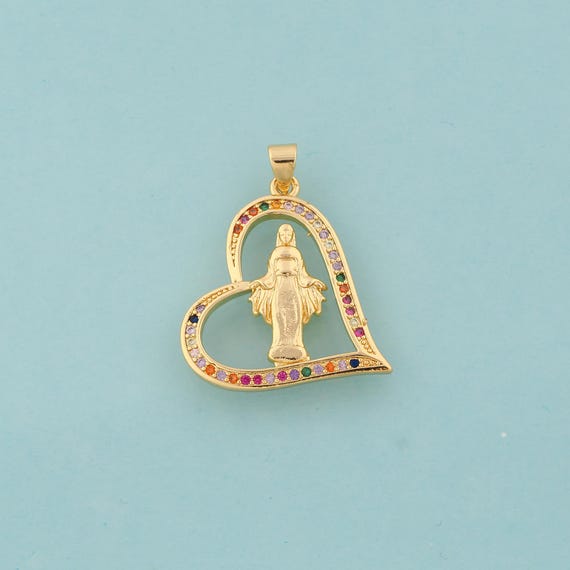 Gold CZ Virgin Mary Charms,Heart Jewelry,Catholic Pendant for DIY Jewelry Making,18K Gold