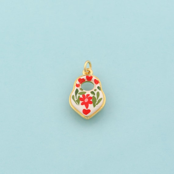 Gold Heart Charms,Lock Jewelry,Enamel Flower Pendant for DIY Jewelry Making,18K Gold