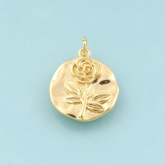 Gold Flower Charms,Plant Jewelry,Round Pendant for DIY Jewelry Making,18K Gold
