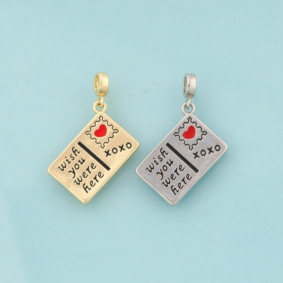 Gold Enamel Postcard Charms,Heart Jewelry,Postcard Pendant for DIY Jewelry Making,18K Gold & Rhodium