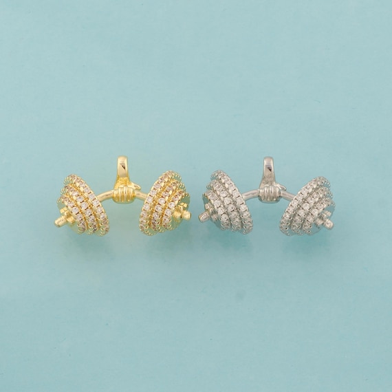 Gold CZ Barbell Charms,Sports Jewelry,Fitness Pendant for DIY Jewelry Making,18K Gold & Rhodium