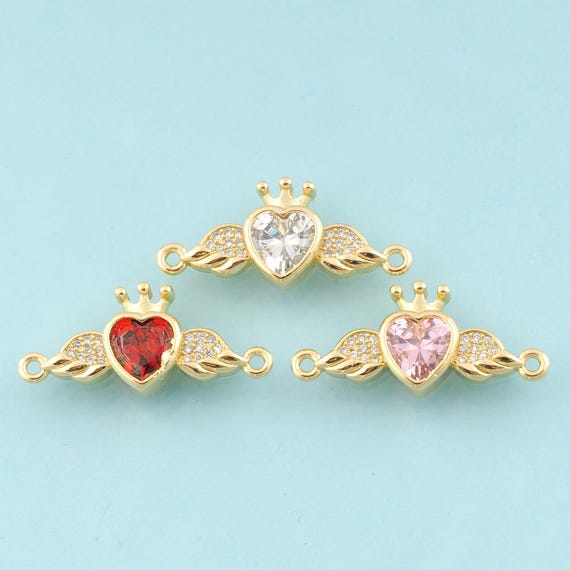Gold CZ Heart Connector,Crown Jewelry Connector,Wings Connector for DIY Jewelry Making,18K Gold